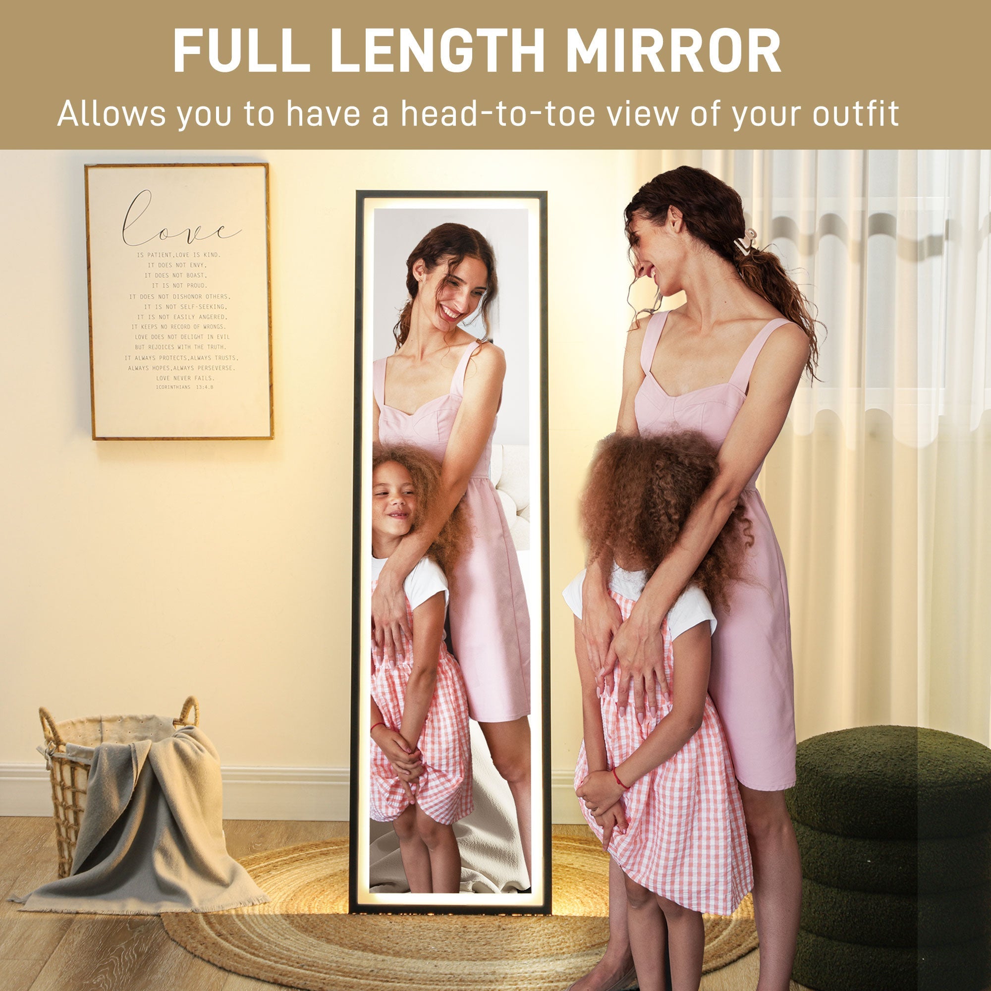 Full Length Mirror with LED Lights, 150 x 40cm Free Standing Mirror with Dimming and 3 Colour Lighting, Leaning or Wall Mirror with Metal Frame for Living Room, Bedroom, Black