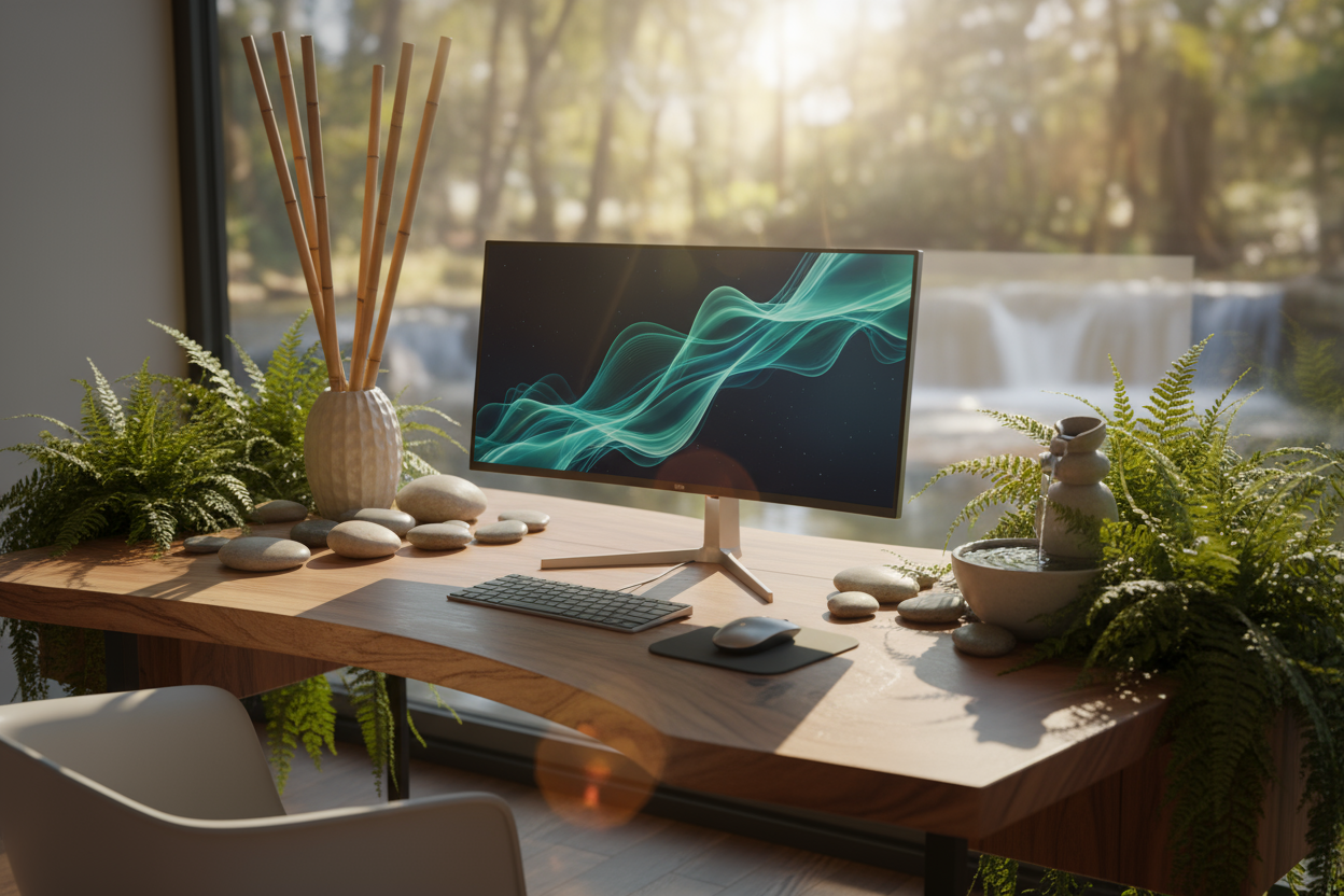 modern digital zen workspace nature fusion background